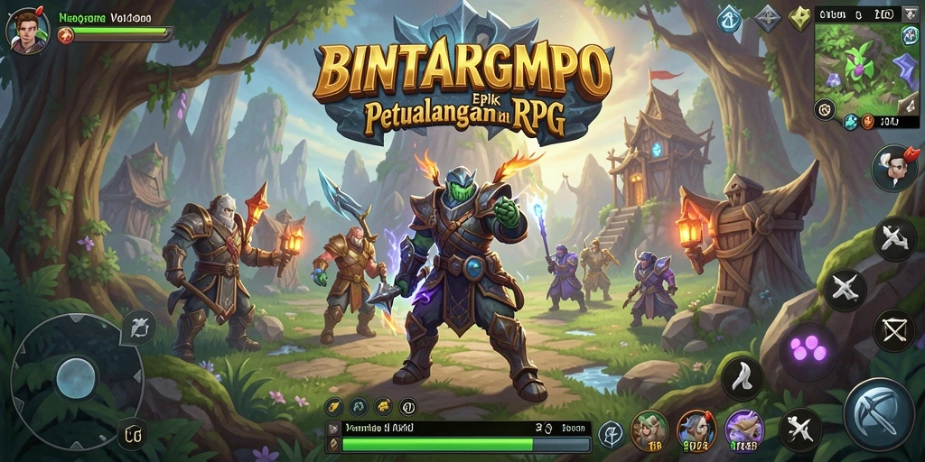 Antarmuka BINTANGMPO yang memukau menampilkan karakter dan dunia RPG yang luas.