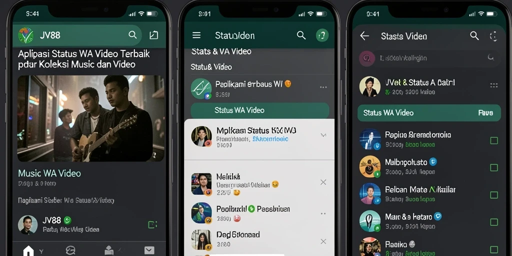 Antarmuka aplikasi JV88 untuk status WA video yang menarik.